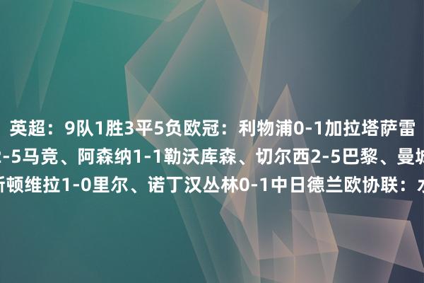 英超：9队1胜3平5负欧冠：利物浦0-1加拉塔萨雷、纽卡1-1巴萨、热刺2-5马竞、阿森纳1-1勒沃库森、切尔西2-5巴黎、曼城0-3皇马欧联：阿斯顿维拉1-0里尔、诺丁汉丛林0-1中日德兰欧协联：水晶宫0-0AEK拉纳卡西甲：6队3胜2平1负欧冠：巴萨1-1纽卡、马竞5-2热刺、皇马3-0曼城欧联：贝蒂斯0-1帕纳辛纳科斯、塞尔塔1-1里昂欧协联：巴列卡诺3-1萨姆松体育德甲：5队1胜2平2负欧冠：拜仁6-1亚特兰大、勒沃库森1-1阿森纳欧联：弗赖堡0-1亨克、斯图加特1-2波尔图欧协联：好意思因茨0-0奥洛莫茨意甲：4队1胜2平1负欧冠：亚特兰大1-6拜仁欧联：博洛尼亚1-1罗马欧协联：佛罗伦萨2-1琴斯托霍瓦法甲：4队2胜1平1负欧冠：巴黎5-2切尔西欧联：里尔0-1阿斯顿维拉、里昂1-1塞尔塔欧协联：斯特拉斯堡2-1里耶卡    体育最新信息