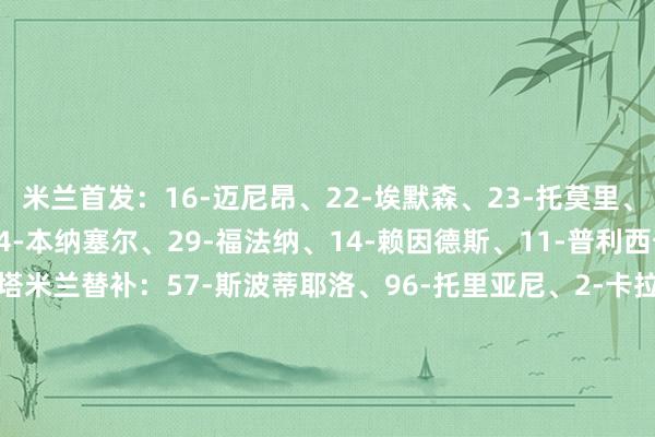 米兰首发：16-迈尼昂、22-埃默森、23-托莫里、28-佳